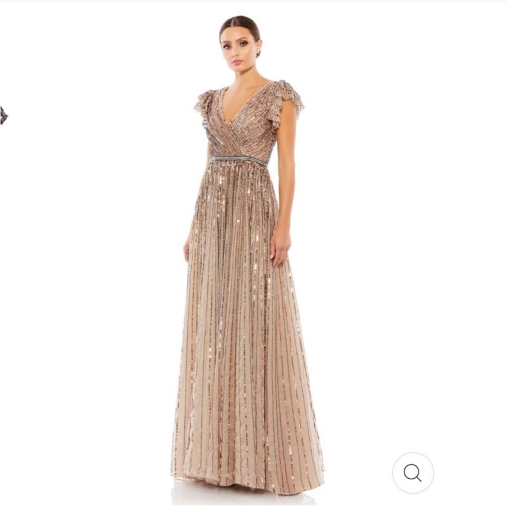 MAC DUGGAL SEQUINED WRAP OVER RUFFLED CAP SLEEVE GOWN